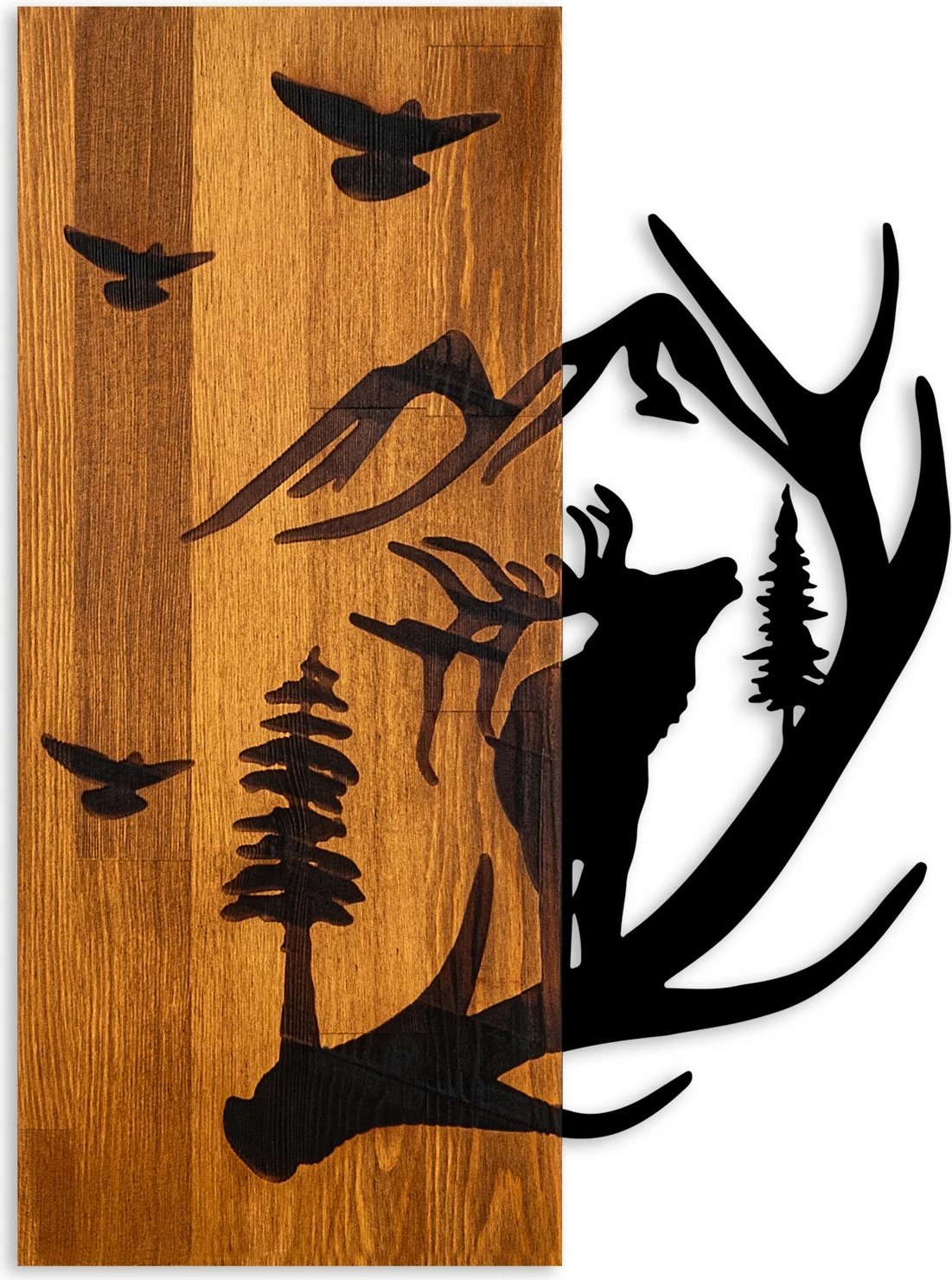 Aksesor dekorativ prej druri për mur, dreri dhe mali, ngjyrë arre, 43x58cm