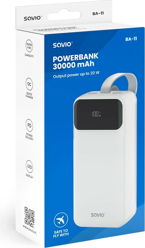 Powerbank Savio BA-11, 30000 mAh, e bardhë