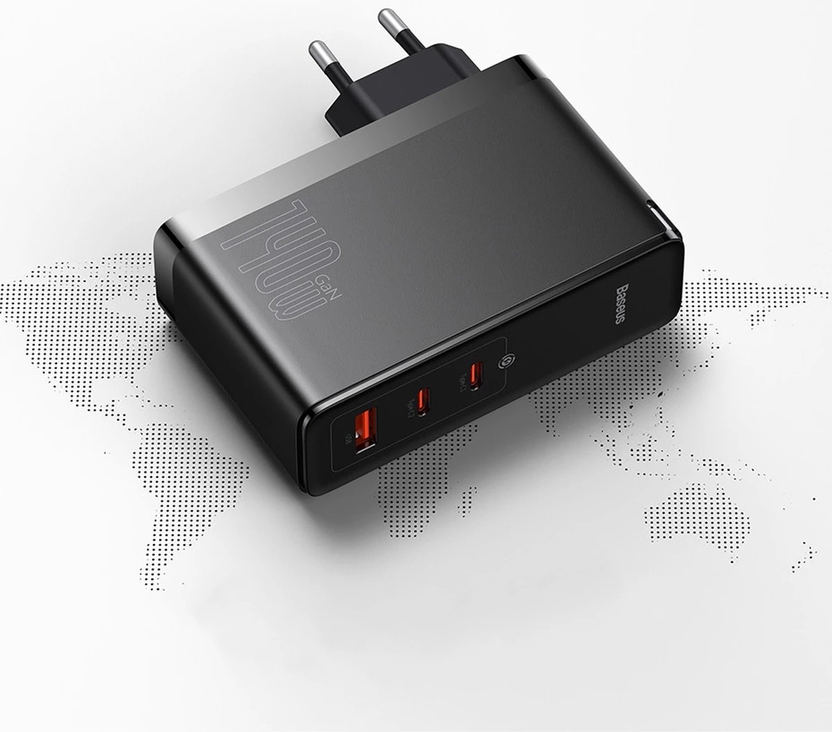 Karikues i shpejtë Baseus GaN5 Pro, 140W, 2x USB-C + USB-A, EU, i zi Karikues i shpejtë Baseus GaN5 Pro, 140W, 2x USB-C + USB-A, EU, i zi