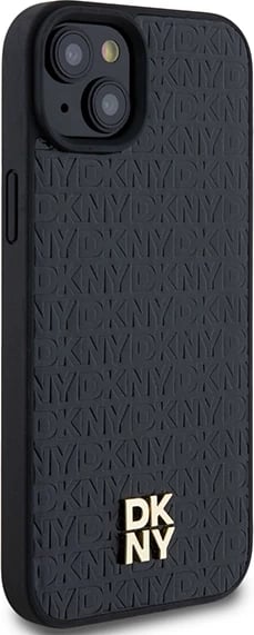 Mbështjellës DKNY Leather Pattern Metal Logo MagSafe për iPhone 15/14/13, i zi
