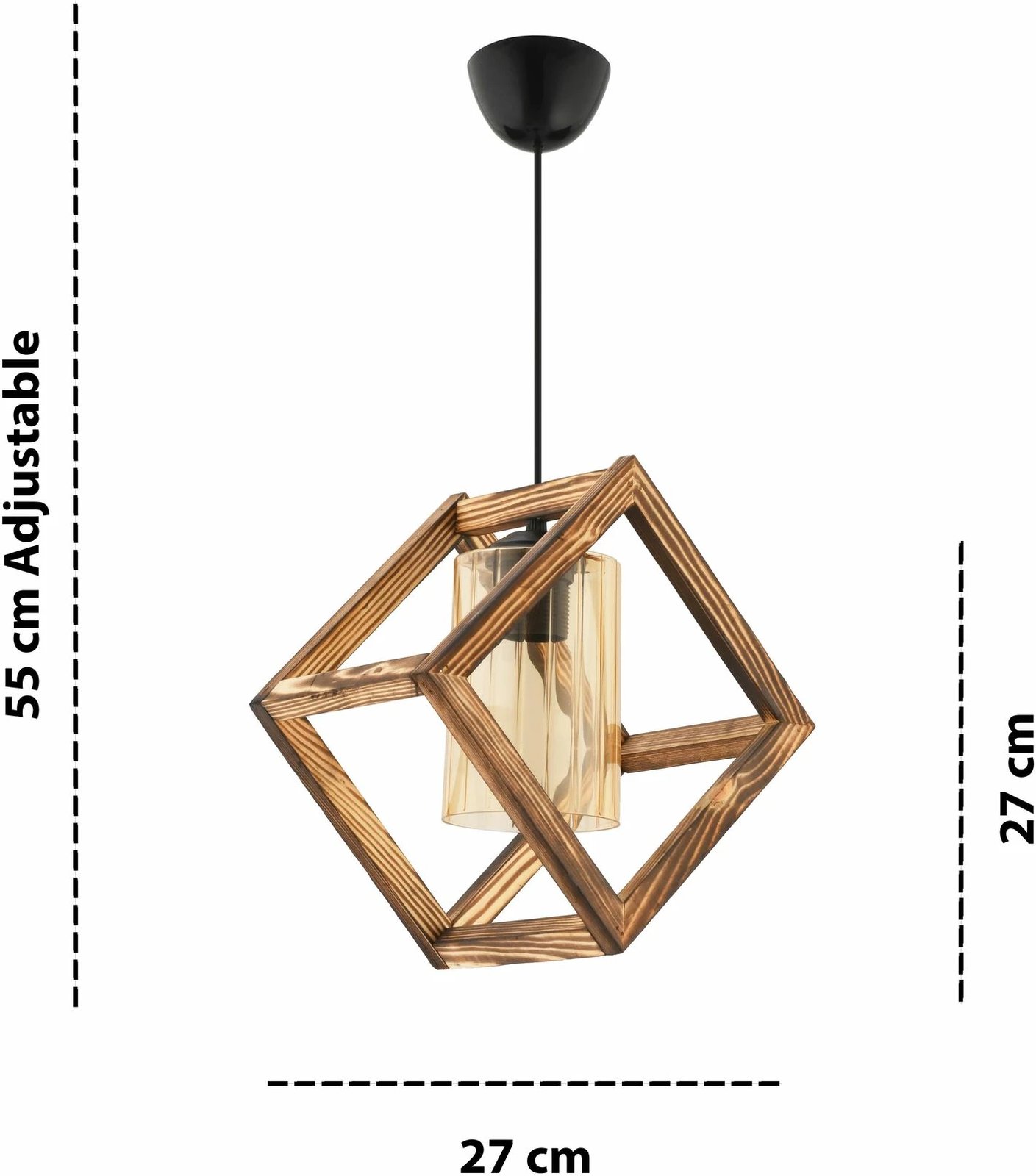 Llambë tavani Opviq, kub, xham i vetëm, dru natyral, e zezë