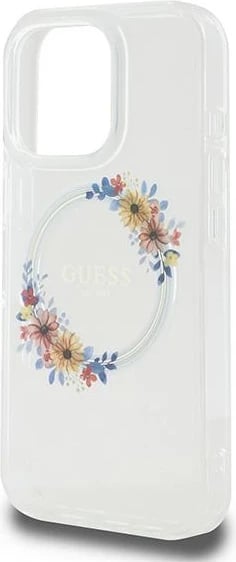 Mbështjellës Guess Flowers Wreath MagSafe për iPhone 16 Pro, Transparent