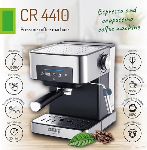 makinë kafeje me presion, Camry, CR 4410, 15 bar, depozitë 1.6 L, 850-1000W, panel me prekje, argjendtë