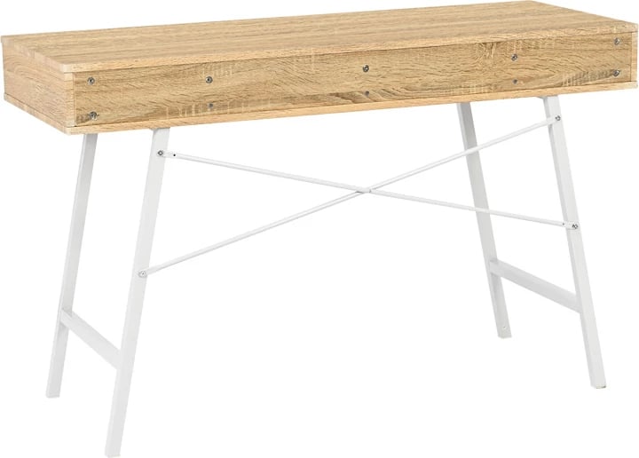 Tavolinë zyre Yamin, ngjyrë lisi me këmbë metalike të bardha, 120x48x76cm