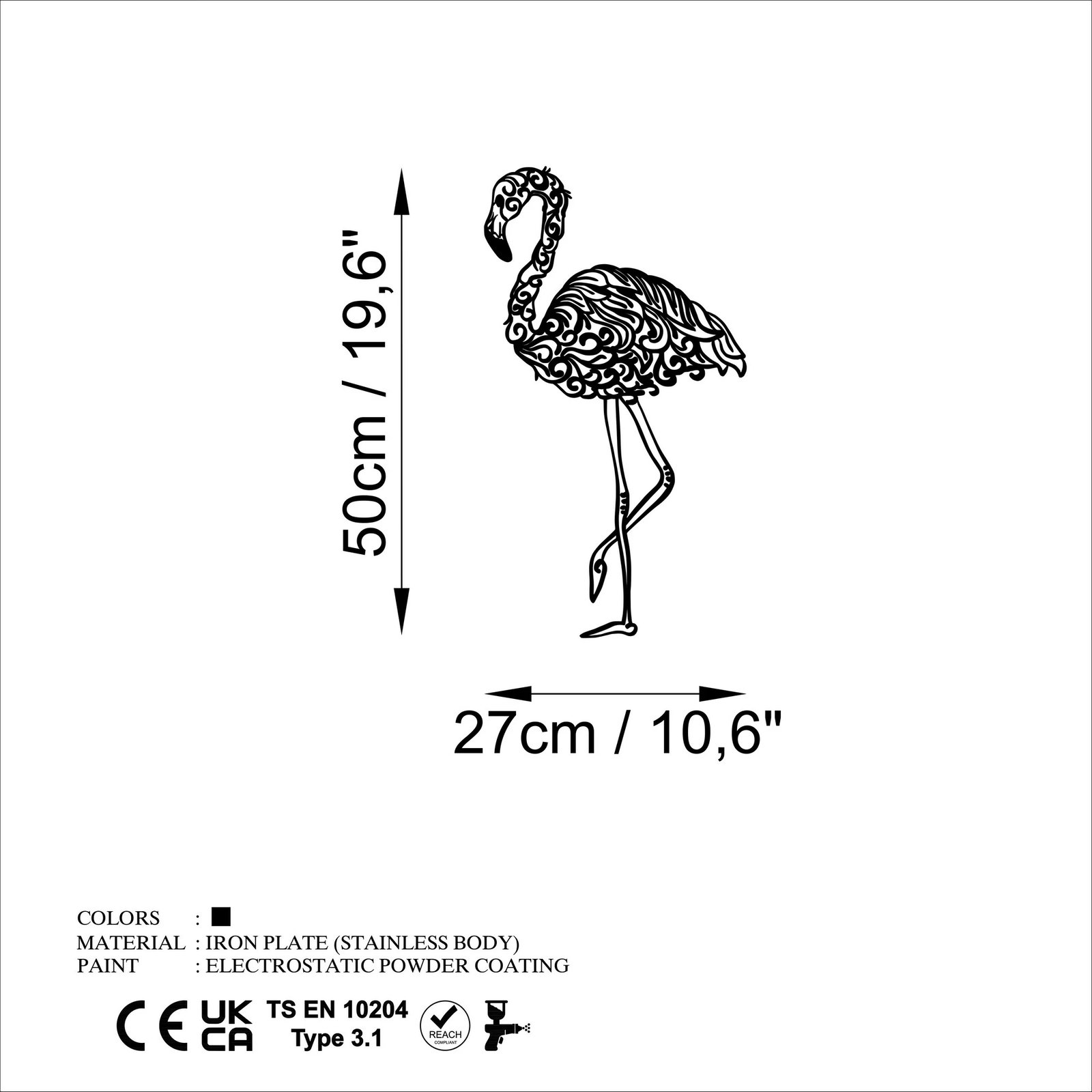 Aksesor dekorativ metalik për mur, flamingo, Wallity, 50x27cm, i zi