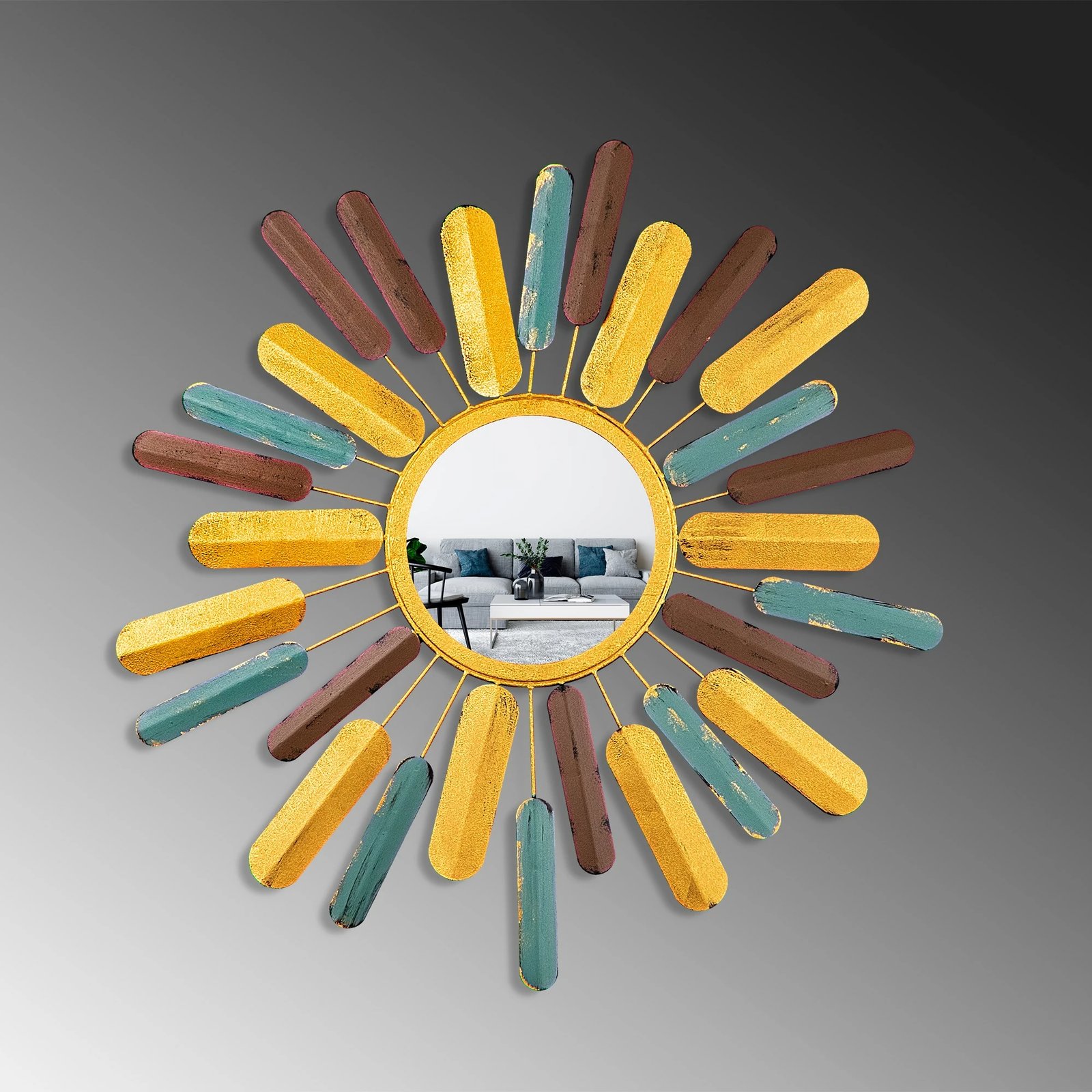 Pasqyrë dekorative, model dielli, shumëngjyrëshe, Mirror Sun 2, 75x75x4cm