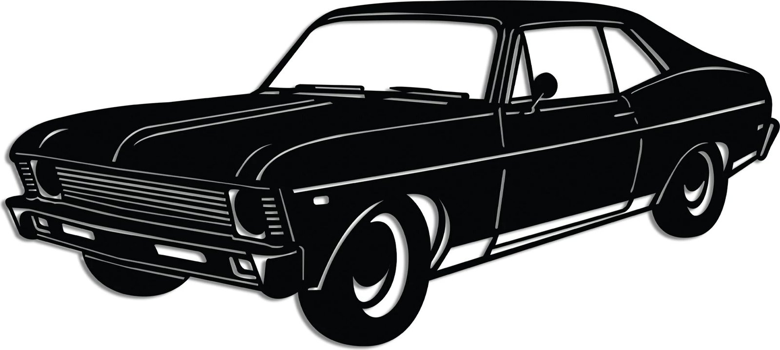 Aksesor dekorativ metalik për mur, Chevrolet Nova 1972, sedan klasik, ngjyrë e zezë, 60x27cm
