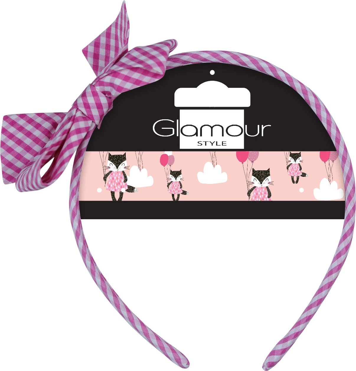 Rrathë për flokë për vajza Glamour me fjongo, rozë me kuadrate, 1 copë