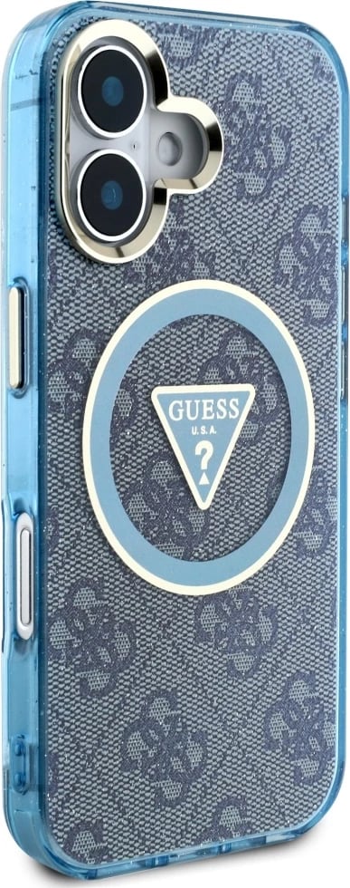 Mbështjellës Guess IML Metal Glitter 4G Circle Triangle MagSafe për iPhone 16, Kaltër