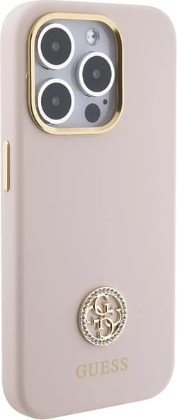 Mbështjellës Guess Silicone Logo Strass 4G për iPhone 15 Pro, rozë e çelët