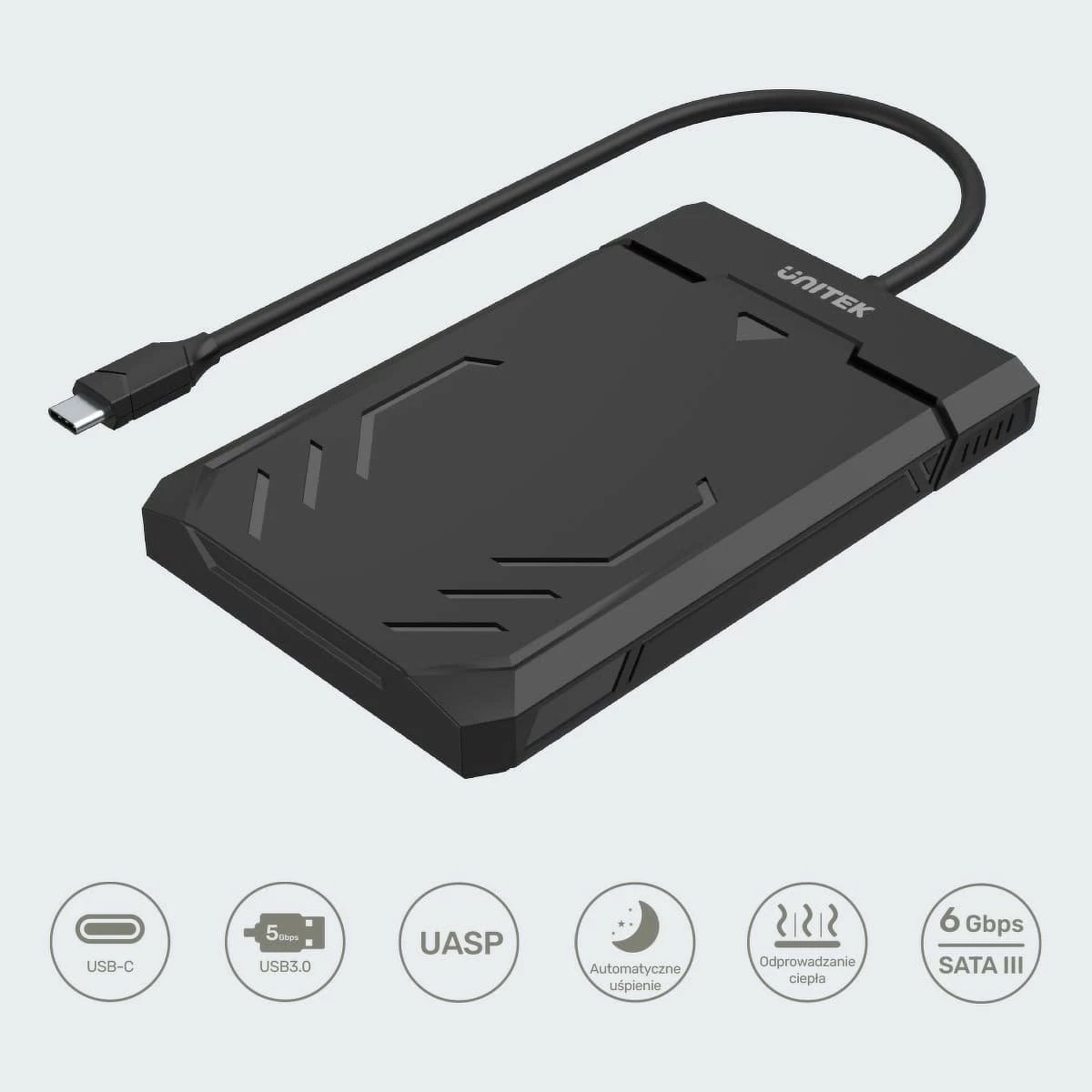 Kasë Unitek Y-3036A për HDD/SSD 2.5", USB-C, e zezë