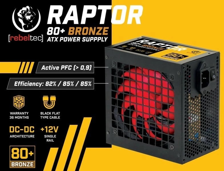 Kasë Rebeltec Raptor 600W, 80 PLUS Bronze, DC-DC, e zezë