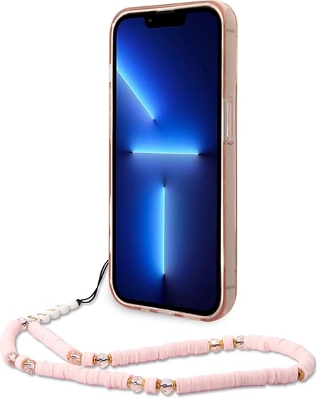 Mbështjellës Guess GUHCP14LHGCOHP për iPhone 14 Pro 6.1", hardcase, Translucent Pearl Strap, rozë