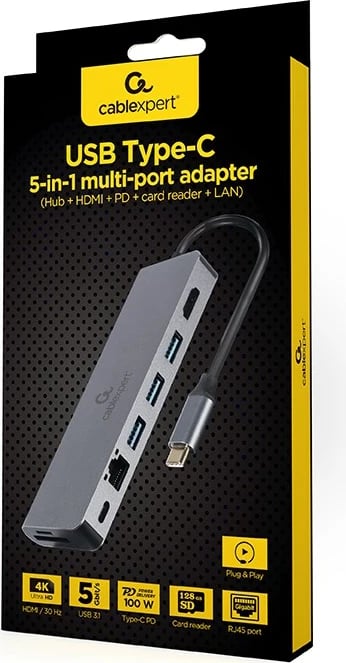 Përshtatës USB, Gembird A-CM-COMBO5-05, 5x porte, type-C, hiri