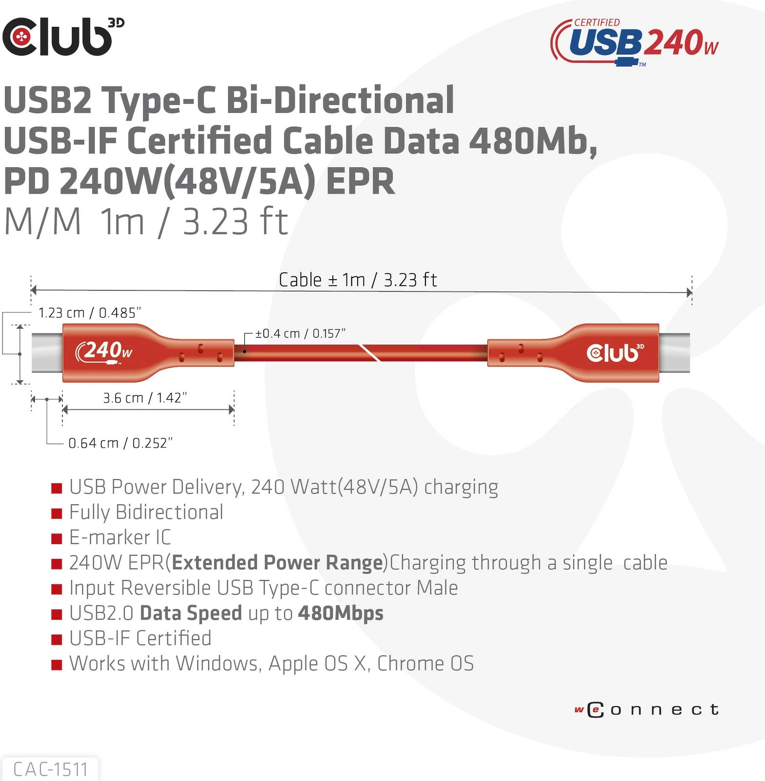 Kabllo USB-C Club3D 4m, 240W, 480Mb/s, e kuqe