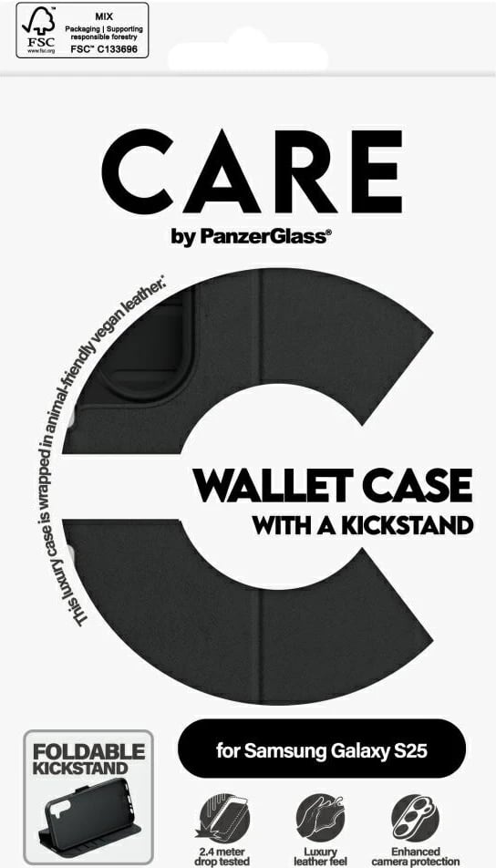 Mbështjellës PanzerGlass CARE wallet me kickstand për Samsung Galaxy S25, Zi