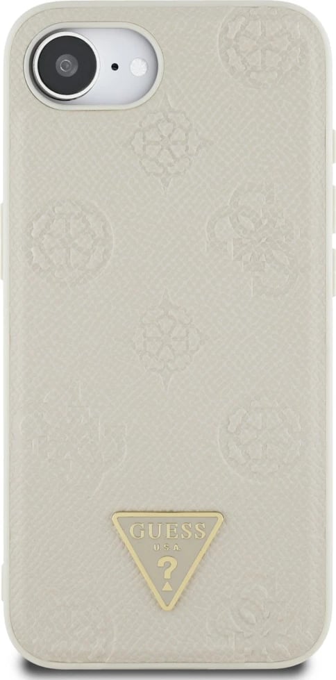 Mbështjellës Guess Grained Hot Stamp Peony Triangle Logo MagSafe për iPhone 16e, Bezhe