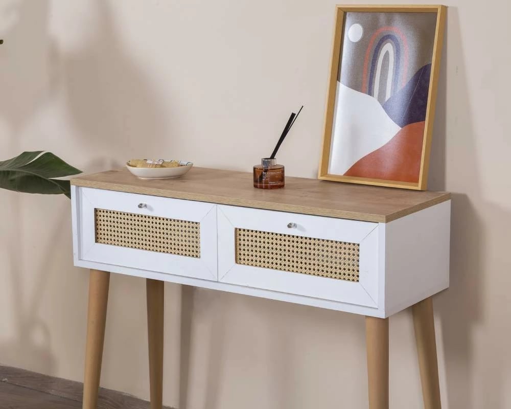 Komodë Skye Decor, stil bohem, e bardhë dhe lis