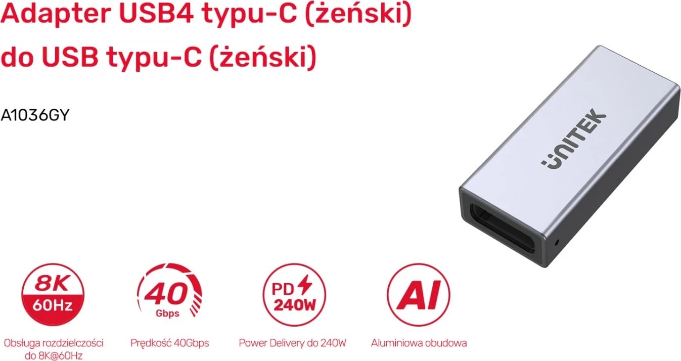 Lidhës Unitek USB-C(F) - USB-C(F) 8K 40Gbps 240W, ngjyrë argjendi