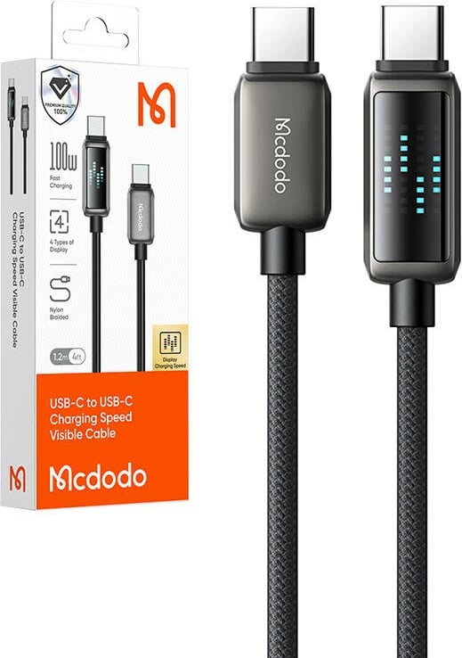 Kabllo USB-C në USB-C Mcdodo CA-4250, 1.2m, 100W, ekran LED, e zezë