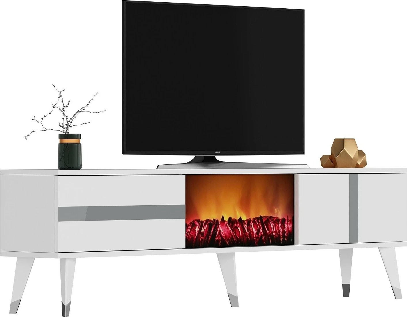 Komodë TV me oxhak elektrik, ngjyrë e bardhë dhe argjendtë, Vania Fireplace
