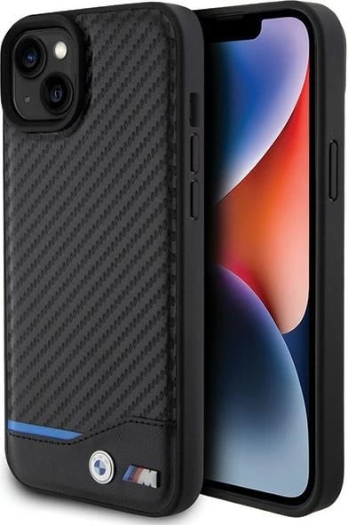 Mbështjellës BMW Leather Carbon për iPhone 15 Plus, i zi