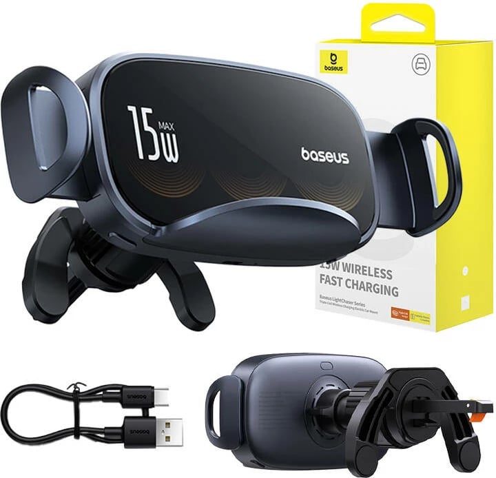 Mbajtës veture me karikues induktiv Baseus LightChaser, 15W, i zi