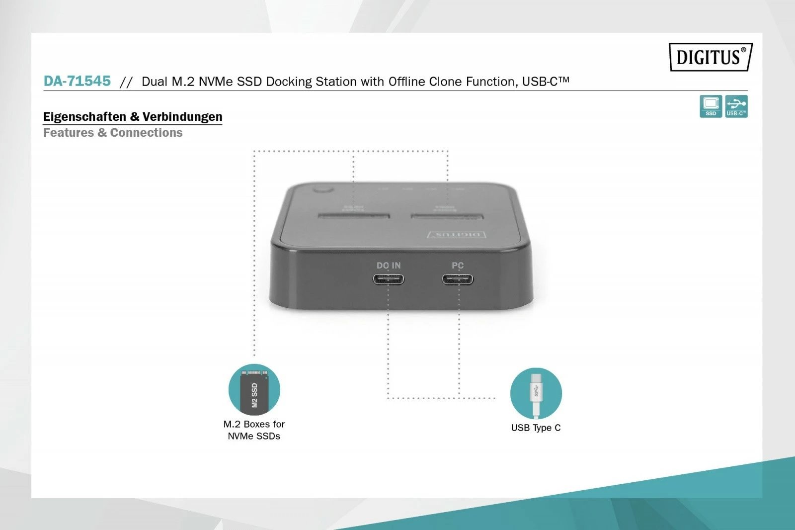 Stacion dokimi i dyfishtë Digitus DA-71545 për SSD M.2 NVMe, funksion klonimi offline, USB-C, zi