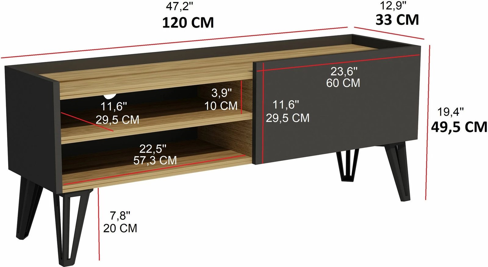 Komodë TV Veronica, ngjyrë lis dhe antracit, 120x49.5x33.1cm