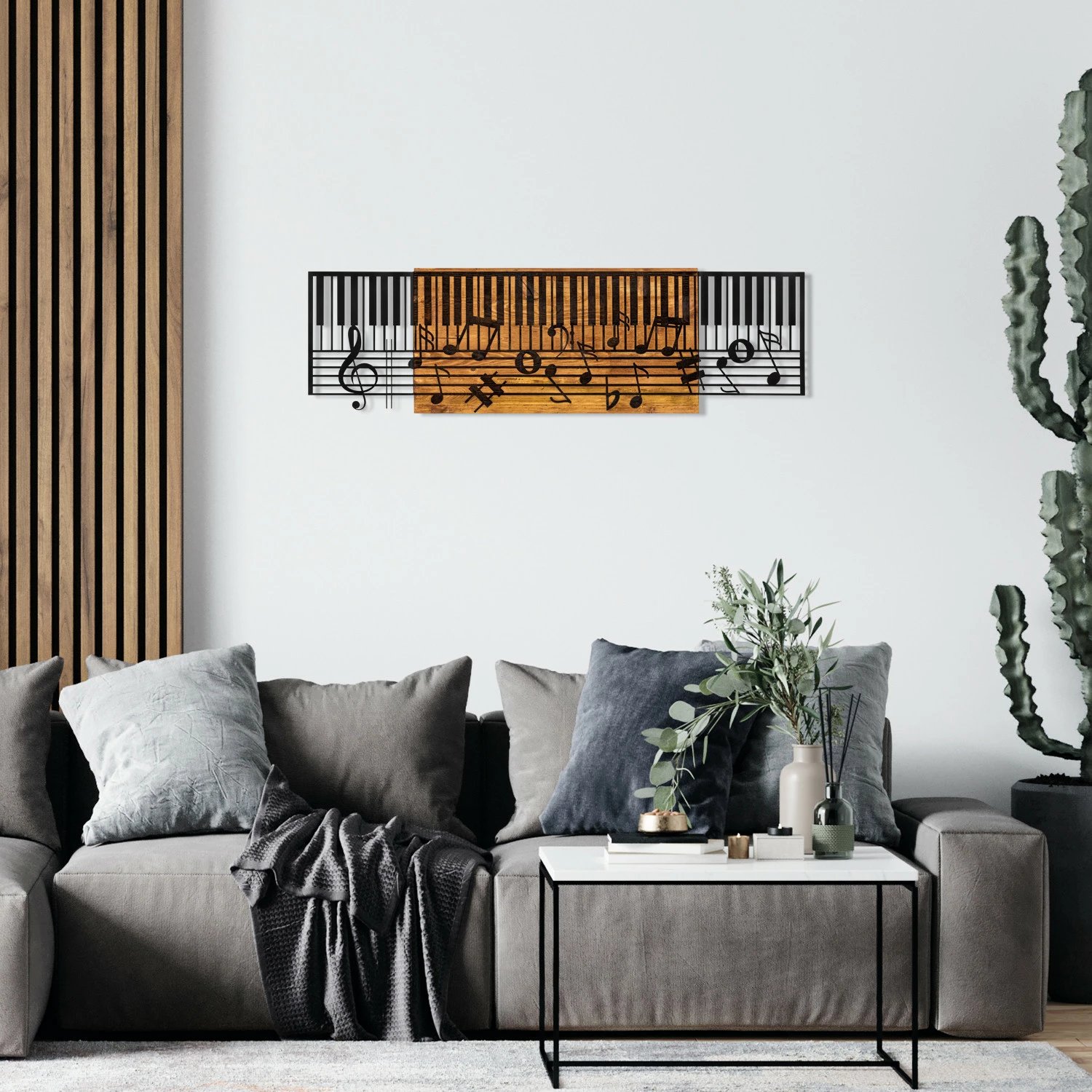 Aksesor dekorativ për mur, dru dhe metal, temë muzikore, ngjyrë e zezë dhe arre, Wallity Arya, 100x30cm