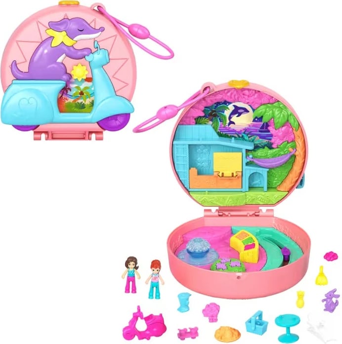 Set lodrash Polly Pocket Mattel HWN98, 2 kukulla të vogla, 12 aksesorë, skuteri me qenush