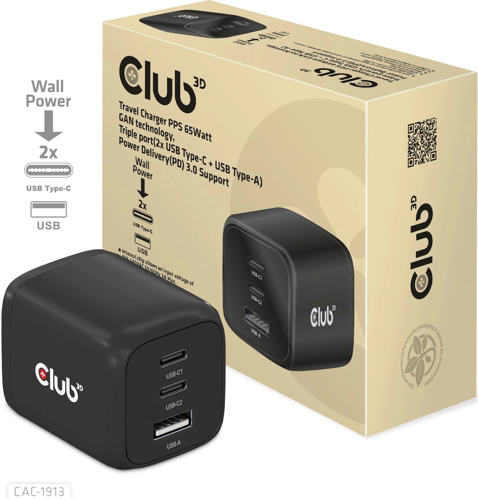 Karikues Club3D CAC-1913EU, 2xUSB Type-C, 1xUSB Type-A, PD 65W, GaN, i zi