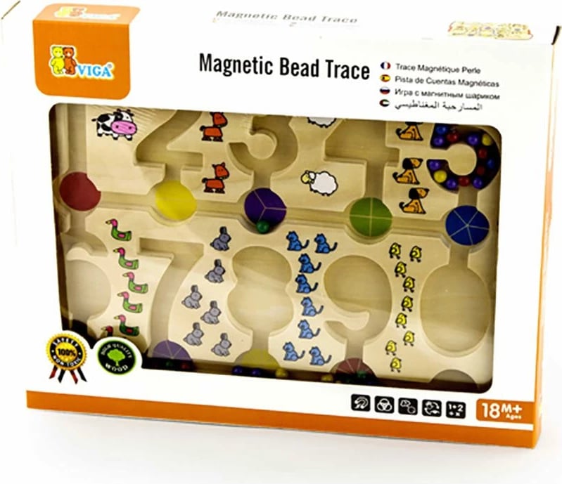 Lodër didaktike, Viga, labirint magnetik prej druri me numra, 30 x 22 cm, për 18+ muaj, multingjyrës