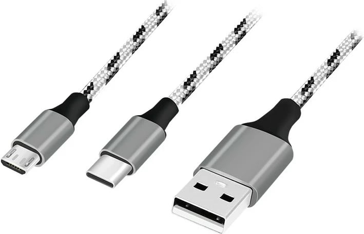 Kabllo 2-në-1 LogiLink CU0202, USB 2.0 A/M në Micro USB + USB-C, 1.2m, tekstil
