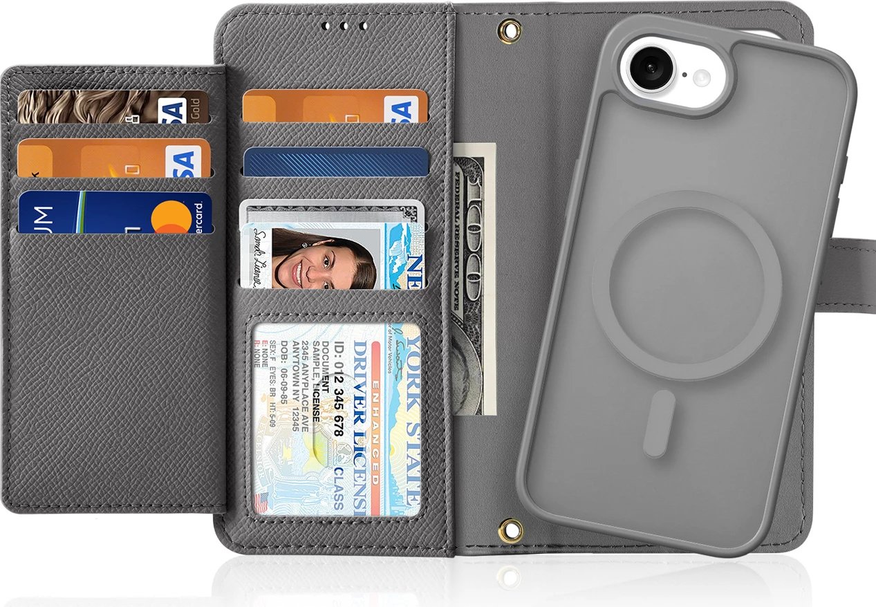 Mbështjellës Dux Ducis Lawa për iPhone 16e, lëkurë, me portofol magnetik, Gri