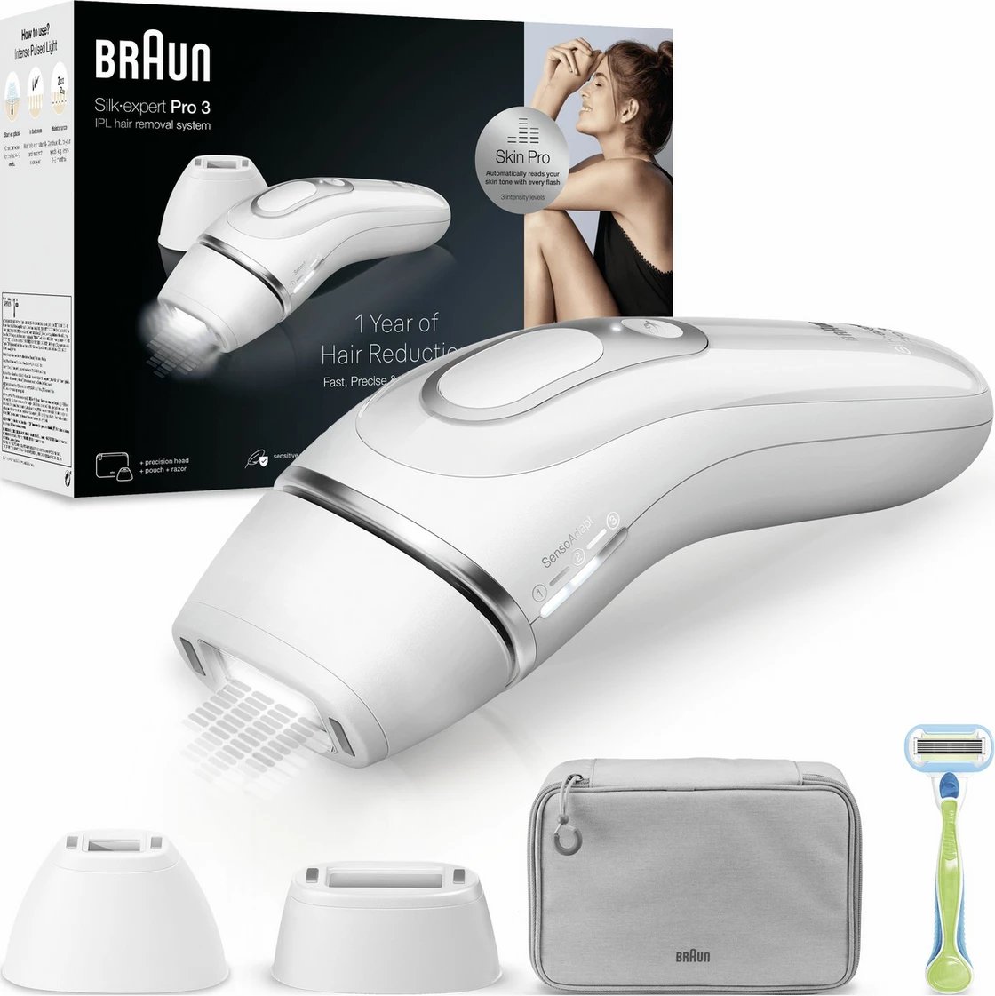 Depilator IPL, Braun, Silk-expert Pro 3 PL3122 / 238410, sensor i lëkurës për intensitet automatik, përdorim në shtëpi, bardhë, set me 2 koka + brisk + çantë