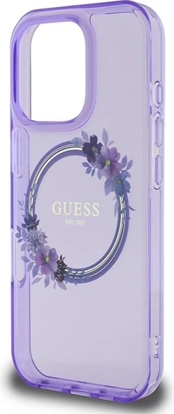 Mbështjellës Guess IML Flowers Wreath MagSafe për iPhone 16 Pro, Vjollcë