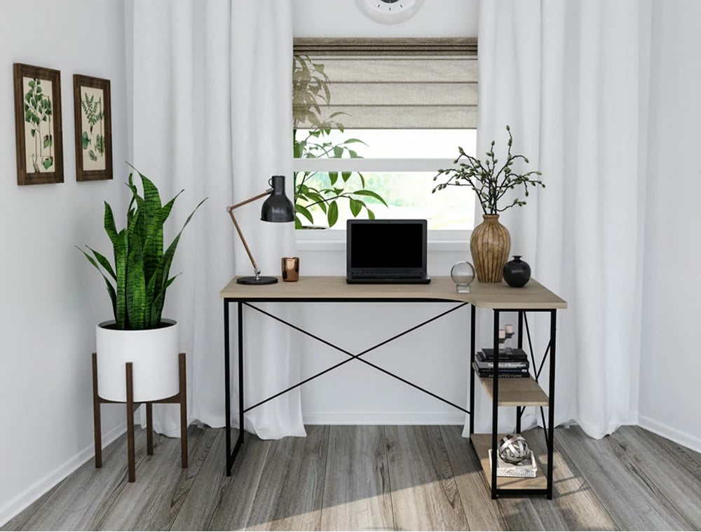 Tavolinë këndi Edge, sipërfaqe sonoma, metal i zi, 120x73x75cm