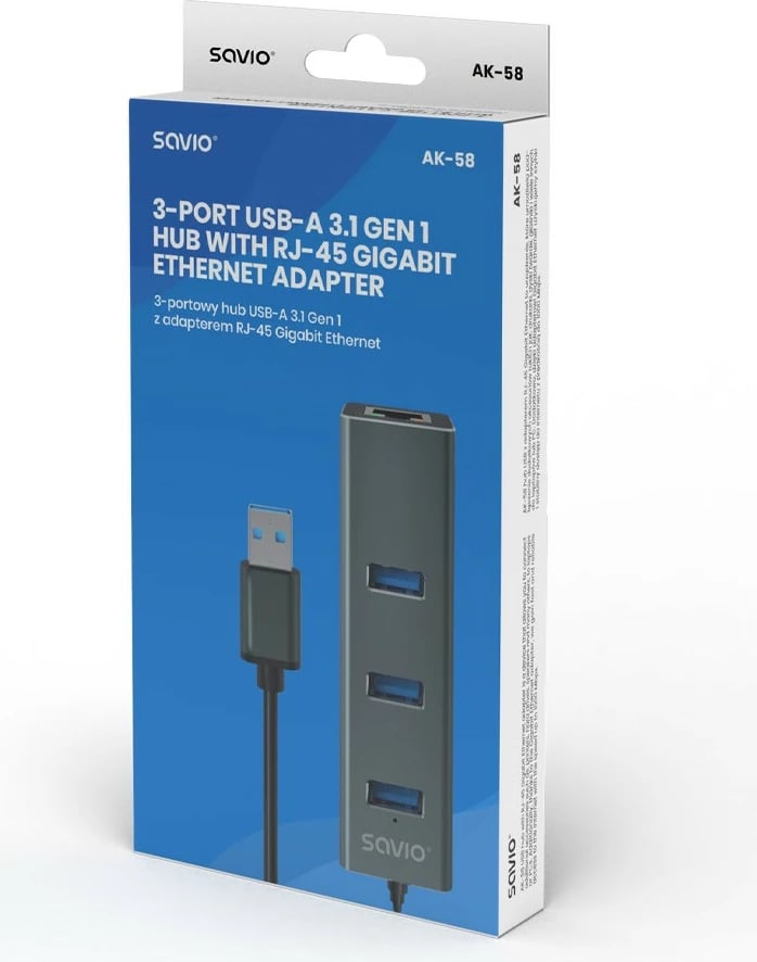 Adapter Savio AK-58, 3 porta USB-A 3.1 Gen 1 me RJ-45 Gigabit Ethernet, Gri