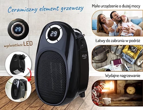 Ngrohës portativ, Adler, AD 7726 Thermofan Easy Heater, 1500W, timer 1-12h, kontroll temperature 15-35°C, element qeramik, i zi