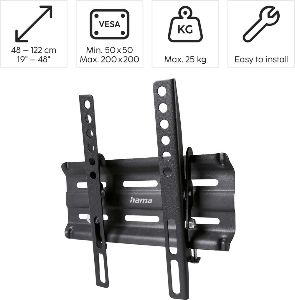 Mbajtës muri për TV Hama 220806, për LCD/LED 19-48 inç, VESA 200x200, i zi