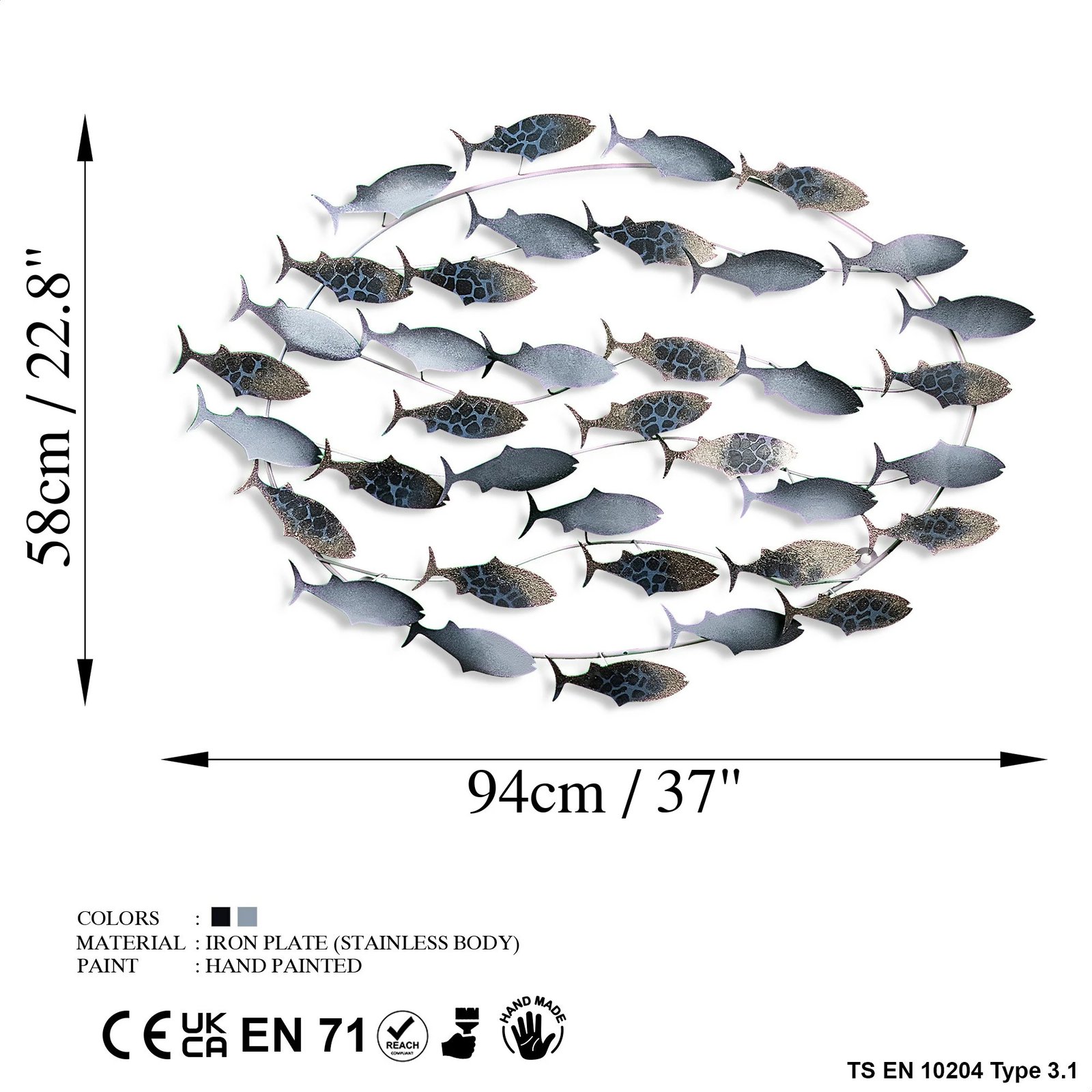 Aksesor dekorativ metalik për mur, Wallity, Alabalık 3, shumëngjyrësh, 94x58x4cm