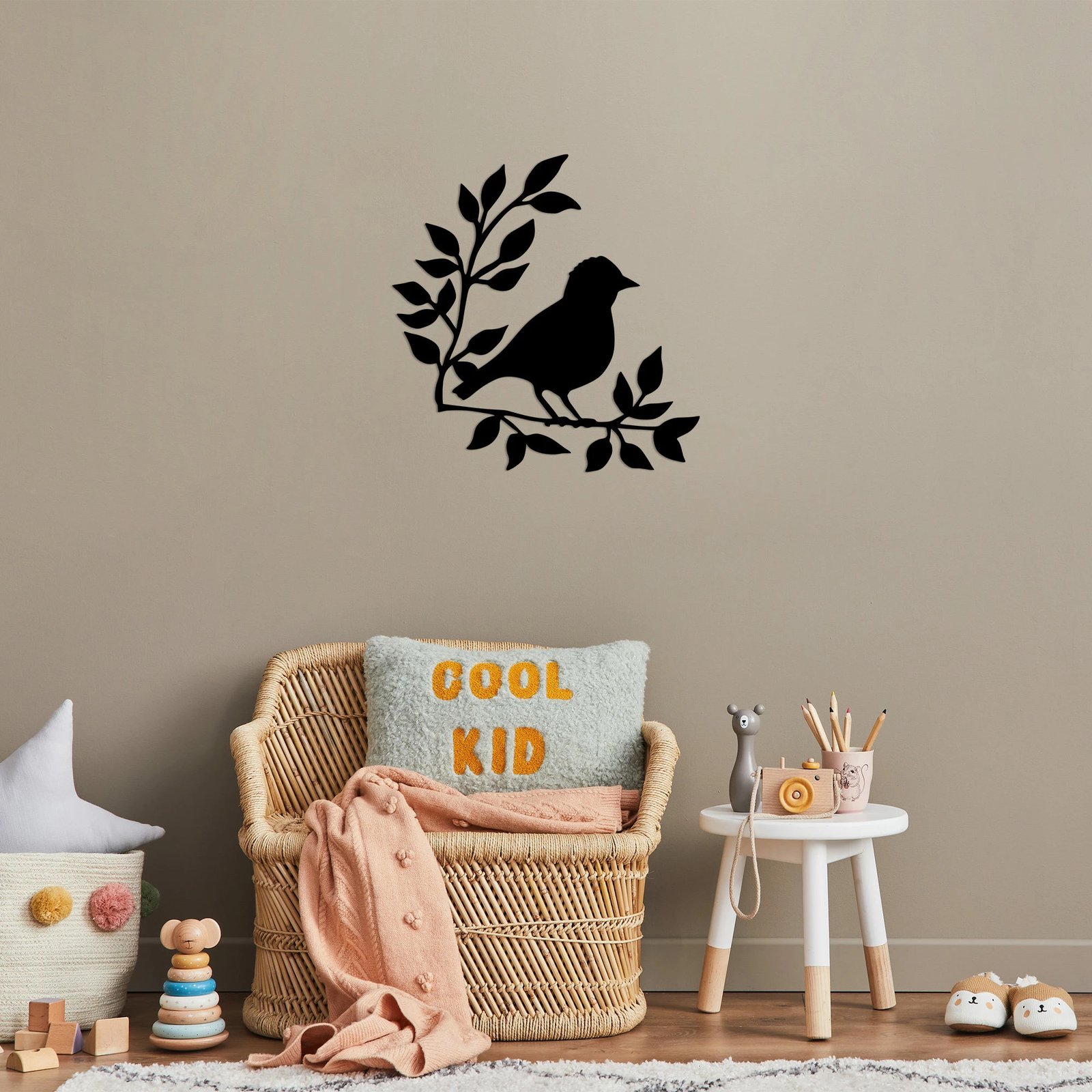 Aksesor dekorativ metalik për mur, degë dhe zog, Wallity - 441