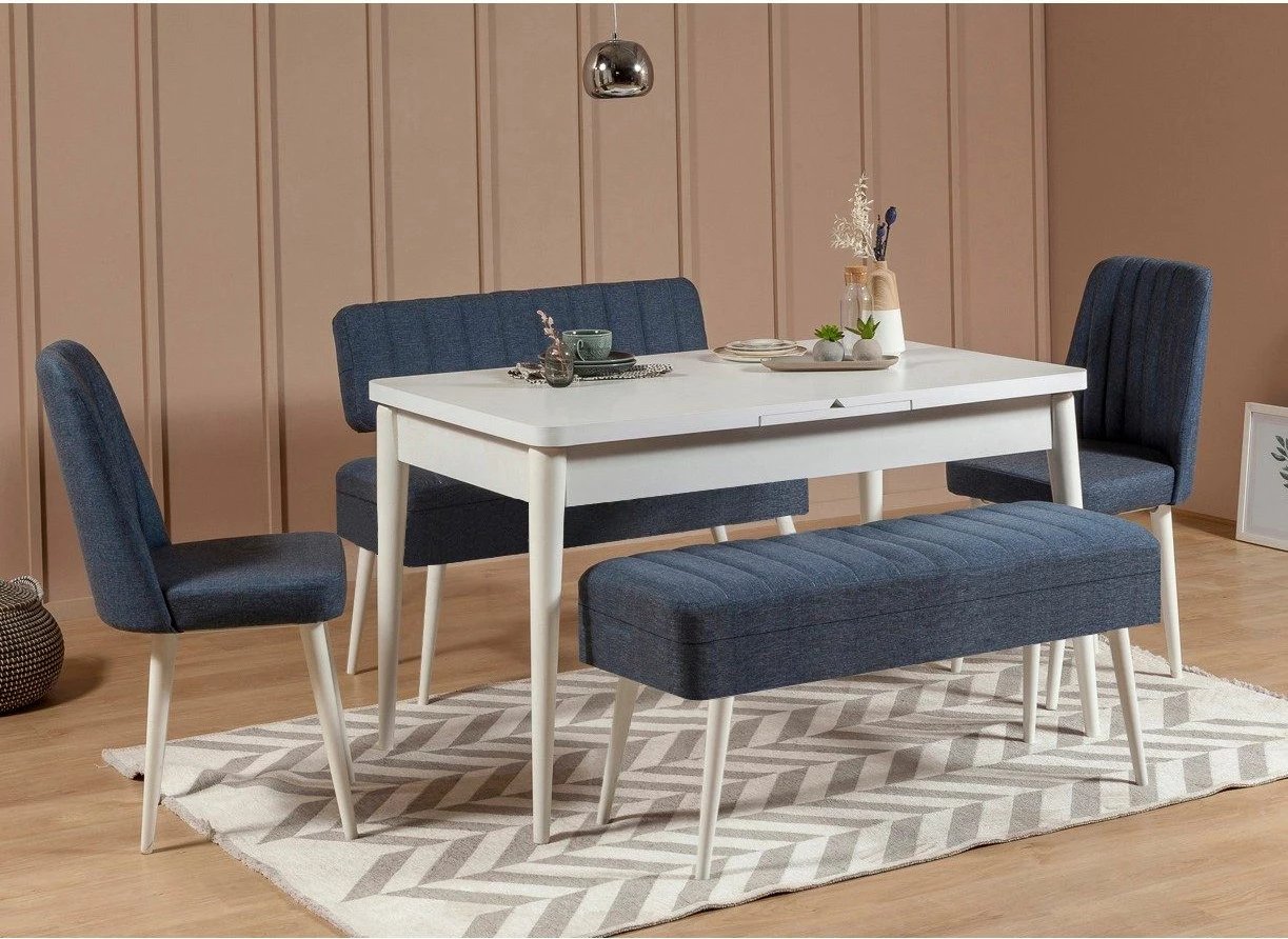 Set tavolinë me karrige për ngrënie, zgjatës, 5 pjesë, Skye Decor, Vina 1048-4, e bardhë, kaltër e errët