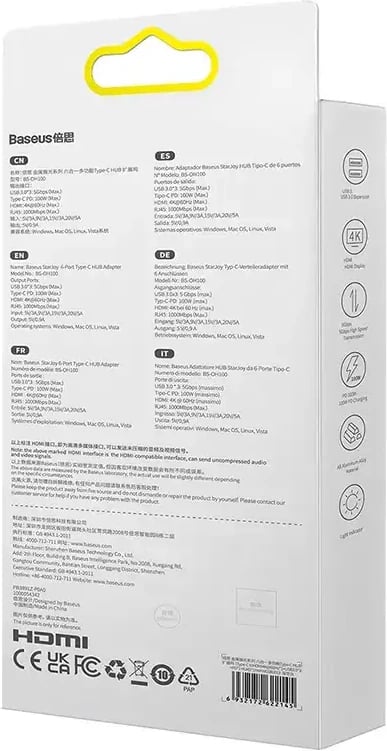 Hub Baseus StarJoy Series WKWG080013, 6-në-1, USB-C në 3x USB 3.0, HDMI, USB-C PD, RJ45, Gri
