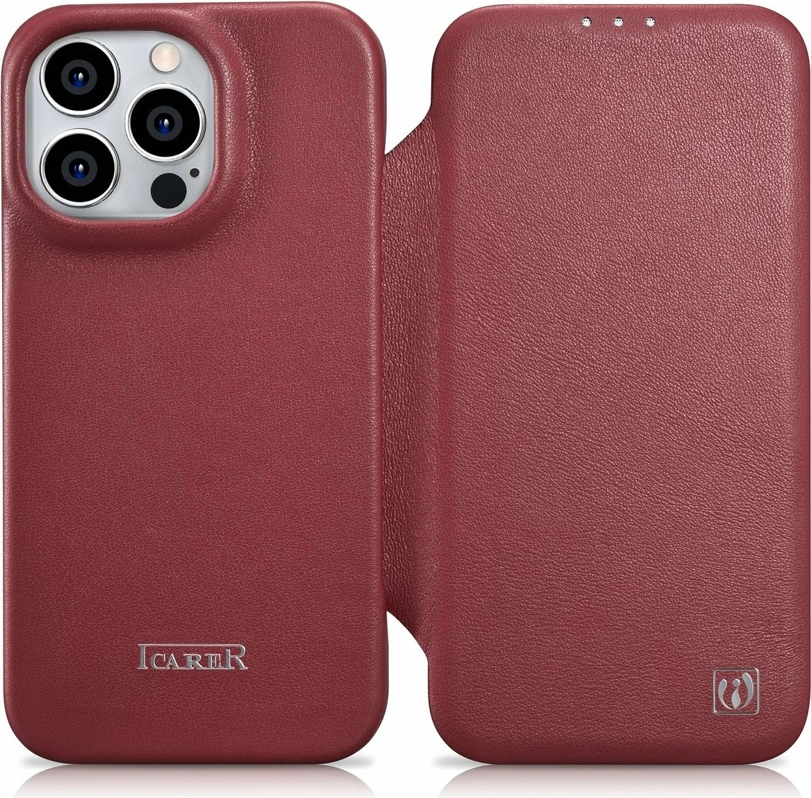 Mbështjellës iCarer CE Premium lëkurë folio për iPhone 14 Pro Max, MagSafe, Kuq