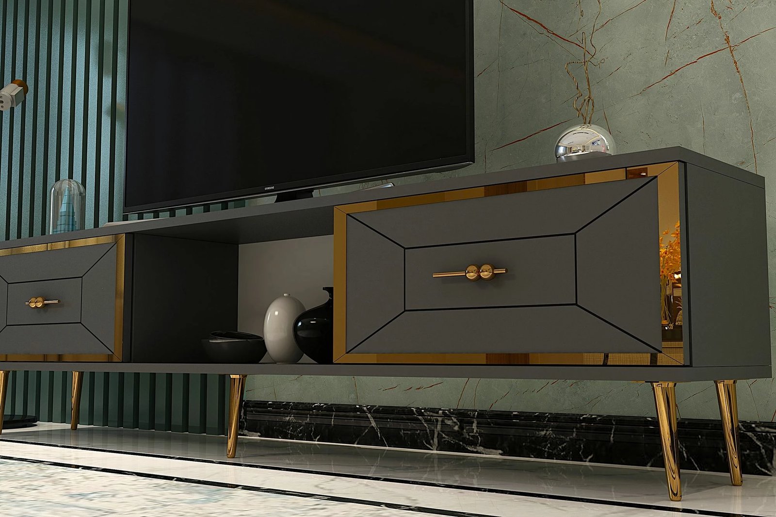 Komodë TV Skye Decor, ngjyrë antracit, ar, 150x40.6x29.6cm