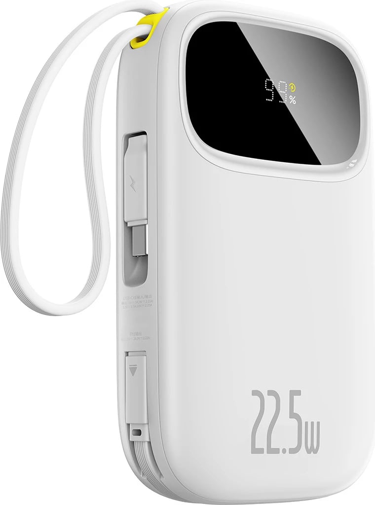 Powerbank Baseus EnerFill FC31, 20000mAh, 22.5W, me ekran dixhital, me kabllo USB-C + Lightning, Bardhë