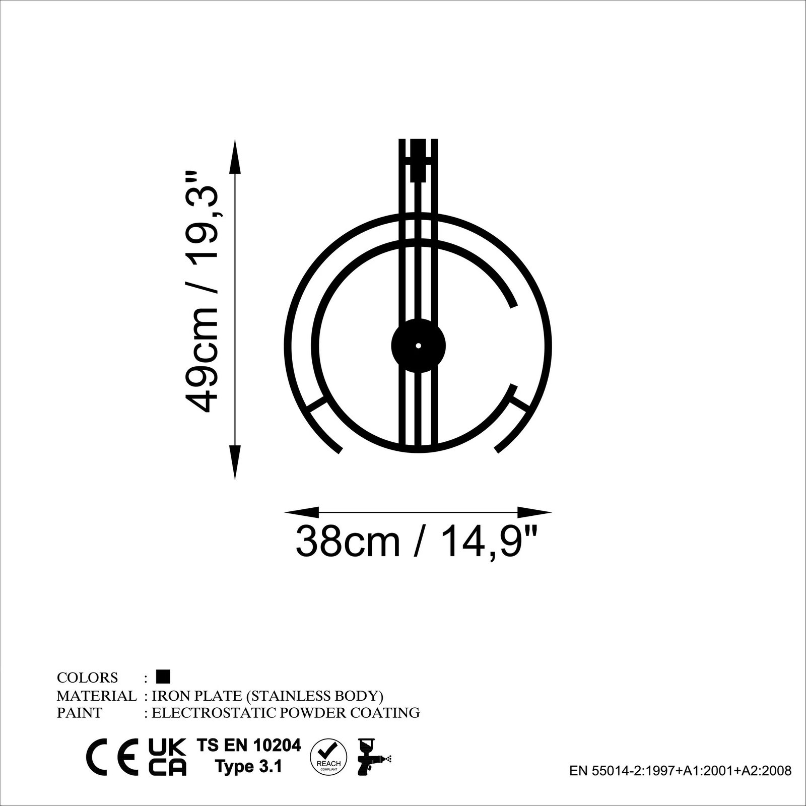 Orë muri dekorative metalike, dizajn modern, ngjyrë e zezë, 49x38cm