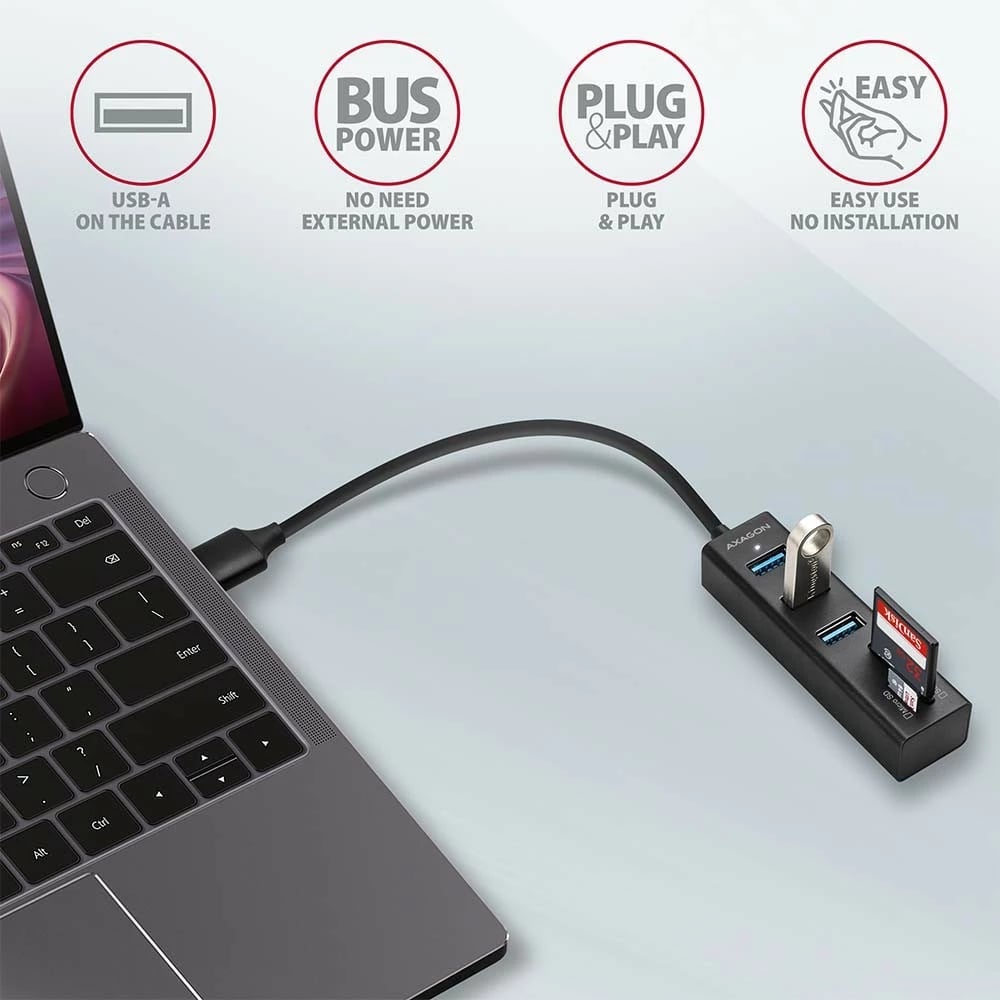 Hub multiport AXAGON HMA-CR3A, 3x USB-A, SD/microSD, USB 3.2 Gen 1, metal, 20cm, i zi